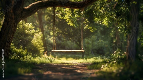 A wooden swing hanging from a sturdy oak tree in a tranquil forest. . 