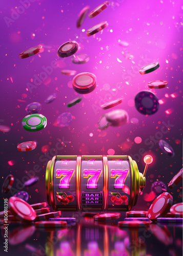 Banner of mobile online casino application with 777 big win slot machine. Poster copy space. Mobile app casino and Jackpot 777.