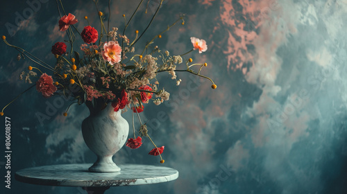 A vase of colorful flowers stands on a marble table photo