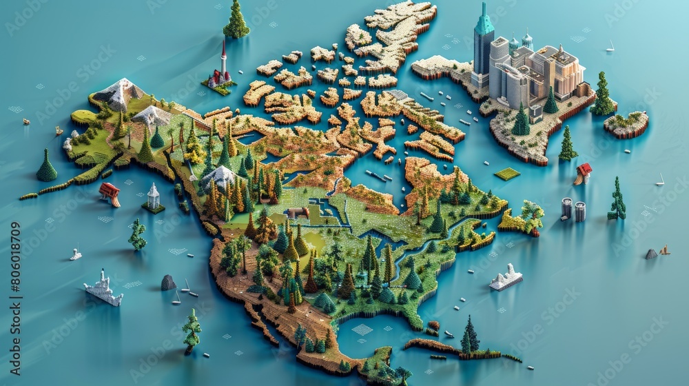 View Canada states Maps 3D into captivating voxel art, adding a whimsical and dimensional touch to each states representation, diverse geography, Ensure each state stands out with depth ,isometric 