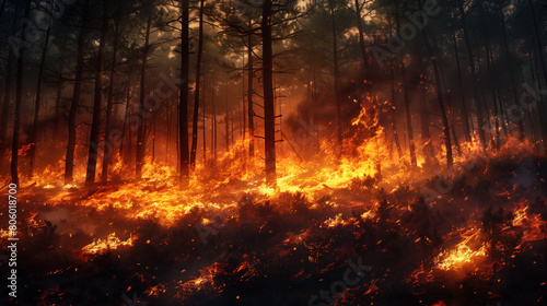 Blazing forest fire engulfing trees and shrubs in an intense scene highlighting the devastating effects of wildfire and climate change.