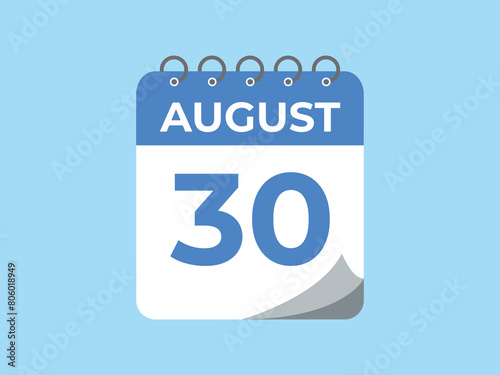 August 30 calendar reminder. 30 August daily calendar icon template. Calendar 30 August icon Design template. Vector illustration
