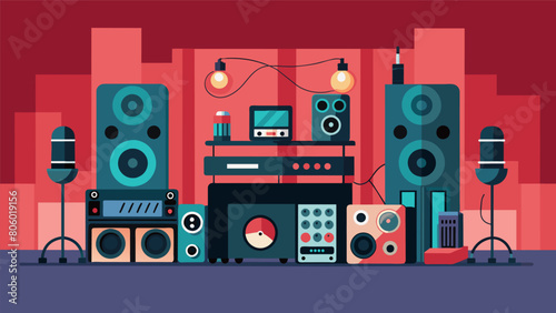 An audiophiles dream setup with a dedicated room for sound featuring highend speakers amplifiers and specialty cables for the purest sound possible. Vector illustration