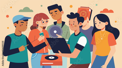 As part of a workshop activity young attendees participate in a vinyl record scavenger hunt searching for rare and noteworthy albums. Vector illustration