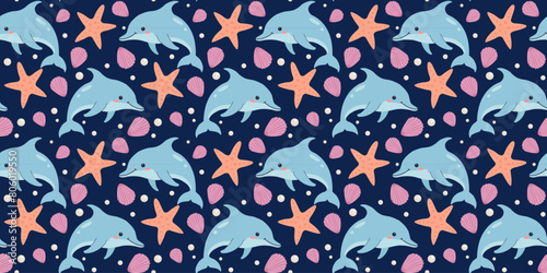 Seamless pattern with dolphins, starfish, shells. Vector illustration. Marine summer background. Trendy pattern in flat style, design for wrapping paper, wallpaper, stickers, notebook cover.