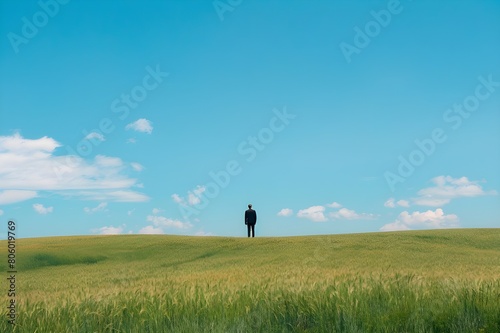 Serene Nature: Man in Green Field. Tranquil Countryside Lone Figure Amidst Lush Fields. Solitude in Nature Green Pastures and a Human Silhouette