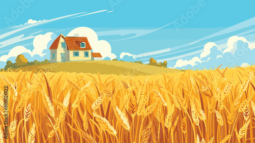 Golden wheat field ripe harvest farmhouse background. Countryside scenery agriculture farmland blue sky. Autumn harvest season rural landscape golden wheat ears