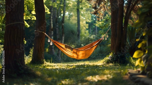  A hammock swaying gently between two tall trees in a peaceful garden. . 
 photo