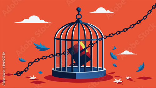 An open cage with broken chains a symbol of the release and freedom from emotional burdens that once held a person captive.. Vector illustration photo