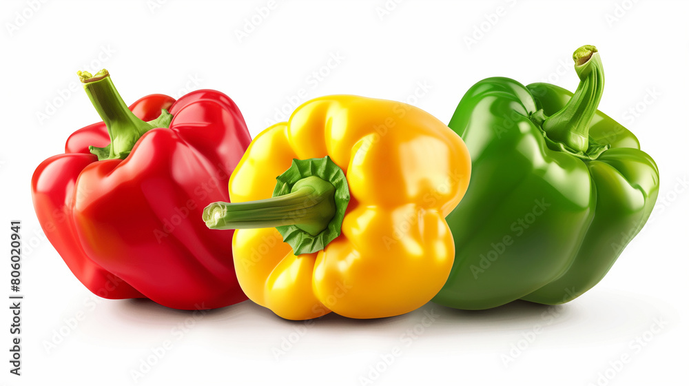 Three bright red, green, yellow ripe bell peppers with green stem isolated on white background. a beautiful composition of three red, yellow and green peppers on a white background Three bright red, green, yellow ripe bell peppers with green stem isolated on white background. a beautiful composition of three red, yellow and green peppers on a white background