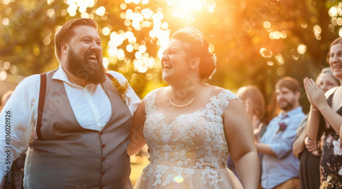 A bride and groom stand in wedding dresses with a happy face surrounded by guests clapping hands and laughing. Summer sunset light.