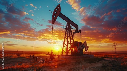 Oil pump oil rig energy industrial machine for petroleum in the sunset background. photo