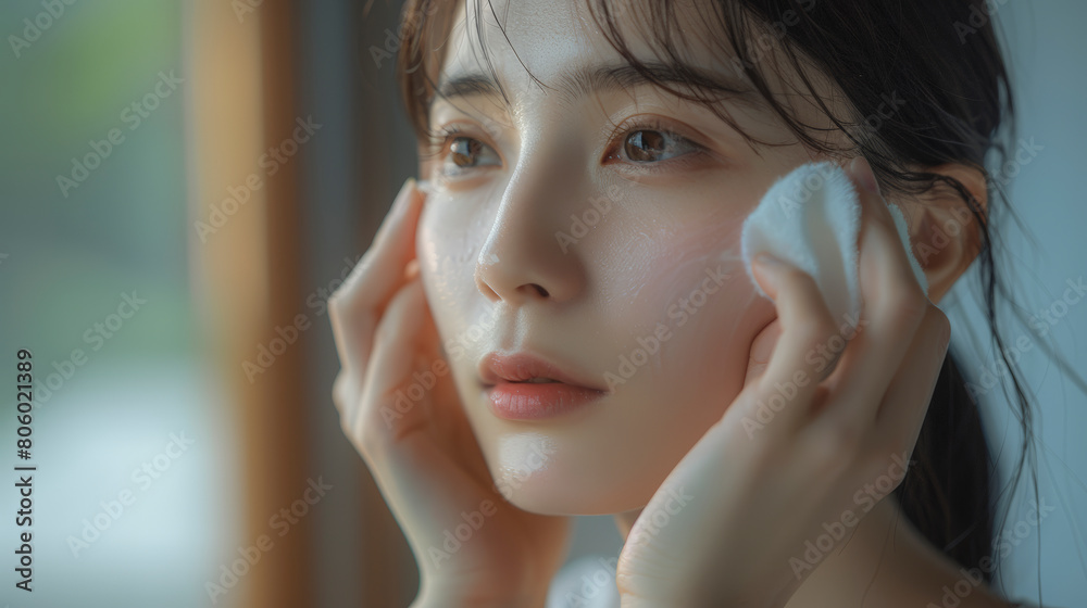 Fototapeta premium A person applying a skincare product to their face, looking thoughtfully in the distance, with a focus on skincare routine and personal grooming.