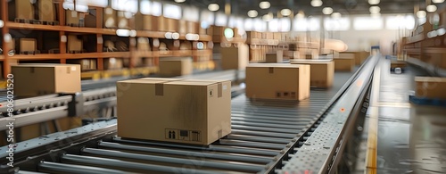 Closeup of multiple cardboard box packages seamlessly moving along a conveyor belt in a warehouse fulfillment center, . Seamless Box Packaging Process