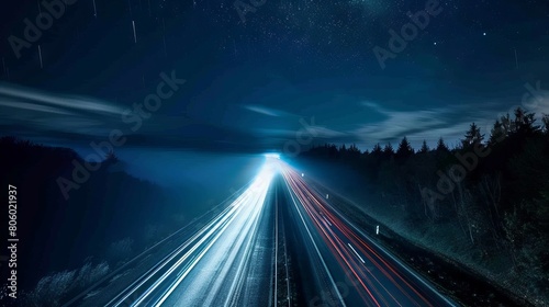 Nighttime long exposure of a road. A vibrant long exposure shot capturing the dynamic lights of cars traversing a road at night, reflecting the urban pulse © MiniMaxi