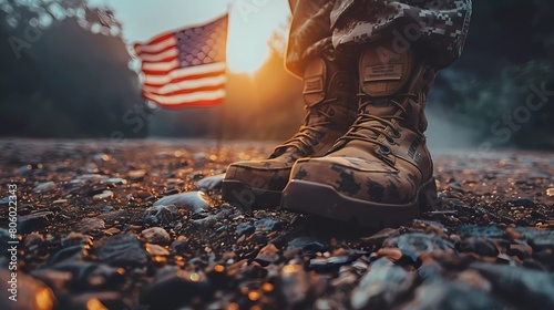 Veterans Day graphic material Patriotic American Flag and Military Memorabilia, American flag watercolor, Military boots silhouette, Soldier tribute photo