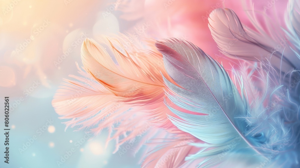 Gentle pastel-colored feathers drifting down against a light, airy background