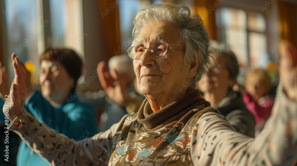 A group of senior adults engaged in a gentle exercise or dance routine, led by a smiling elderly woman with outstretched arms.