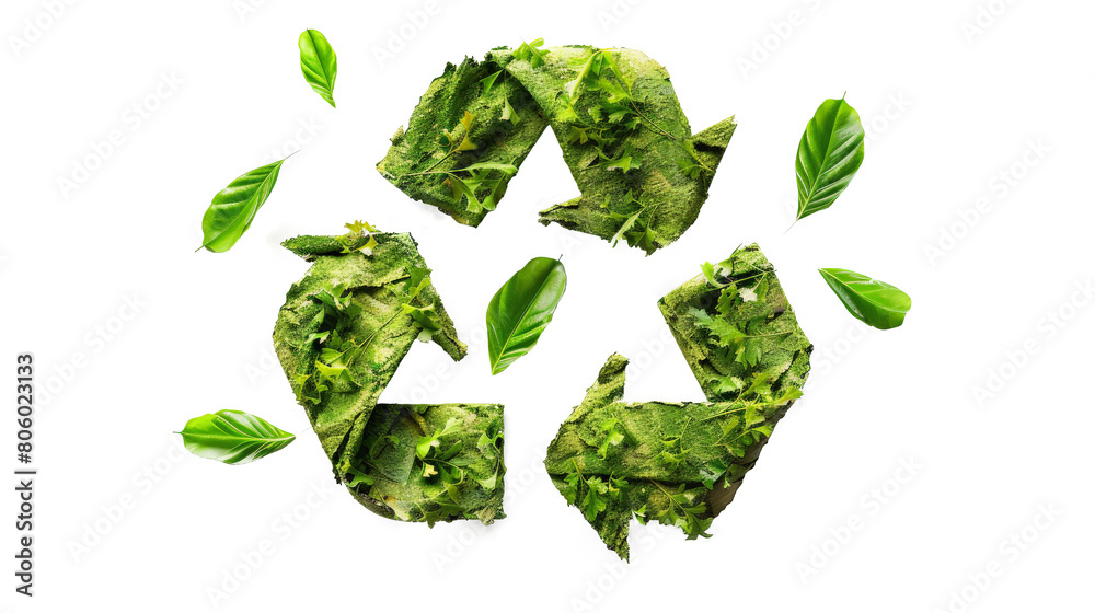 Recycling symbol made from green leaves on a light background, representing eco-friendliness and environmental sustainability through organic and natural elements. Recycling symbol made from green leaves on a light background, representing eco-friendliness and environmental sustainability through organic and natural elements.