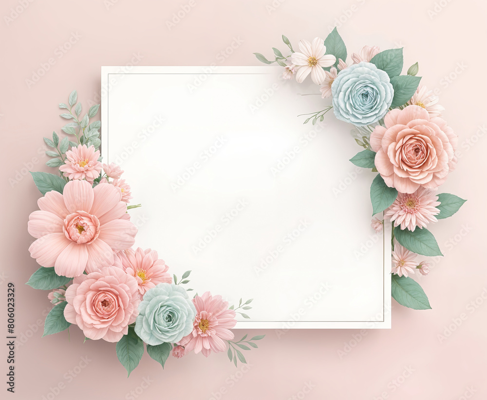 A floral frame with various pastel-colored flowers including roses, daisies, and succulents arranged around a blank white space in the center