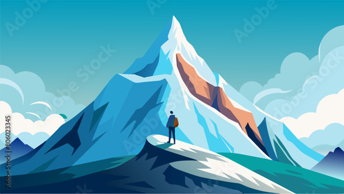 A snowy mountain peak where a person stands in awe of the grandeur of nature and finds inner peace.. Vector illustration