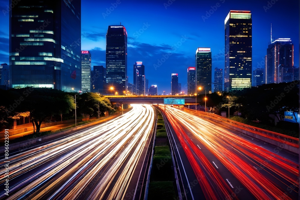 dynamic motion blur of an urban highway at evening rush hour