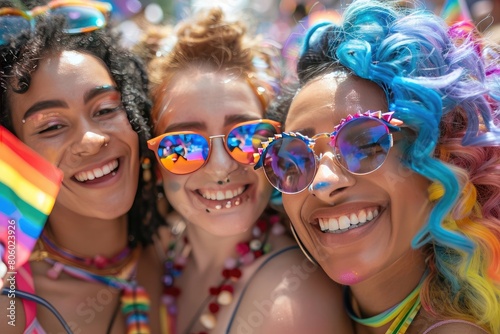 Gay individuals smiling at the Pride Parade with LGBT folks. Generative Ai