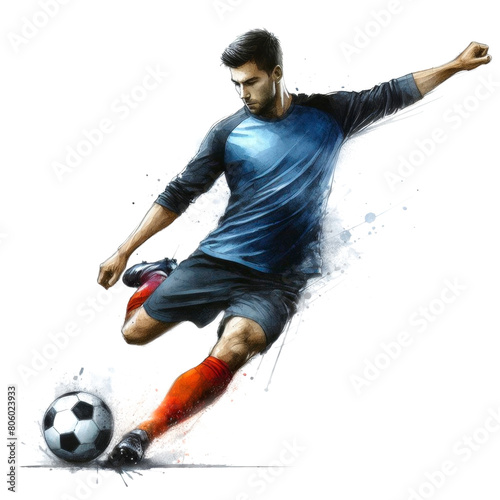 Male soccer player in action striking the ball watercolor art isolated on transparent background