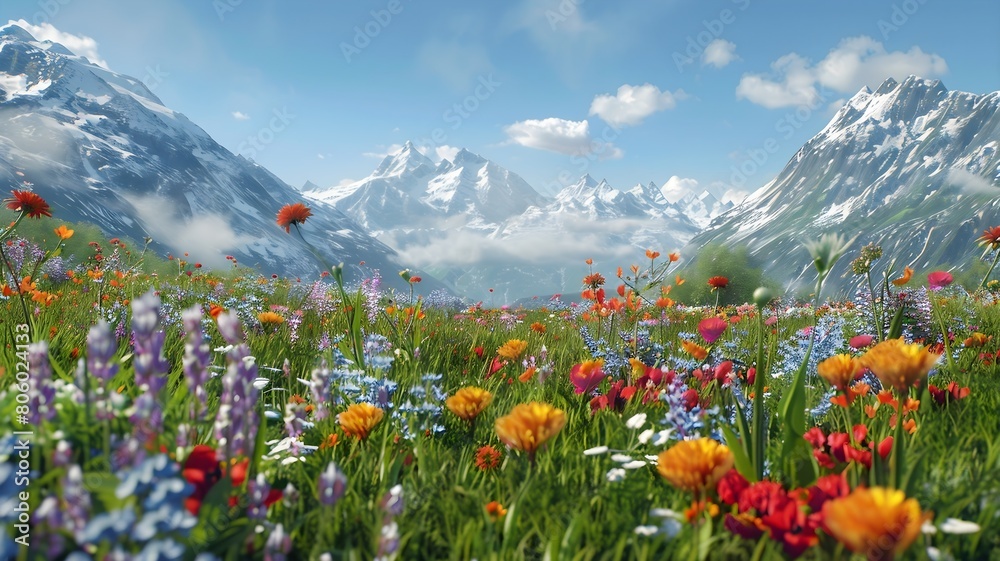  A vast expanse of rolling hills carpeted in vibrant wildflowers, stretching as far as the eye can see beneath a boundless blue sky. . 
