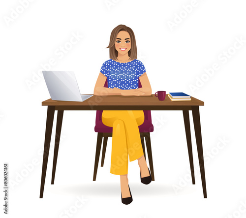 Beautiful business woman wearing bright clothes using laptop computer sitting at the desk full body isolated vector illustration