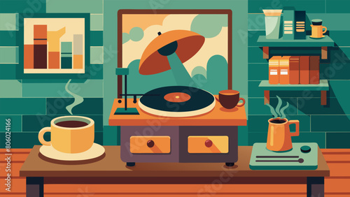 The gentle hum of the record player blending seamlessly with the smell of coffee and the chatter of cafégoers creating a comforting and nostalgic Vector illustration