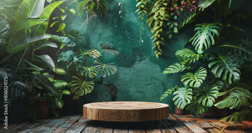 A wooden platform with a green wall behind it