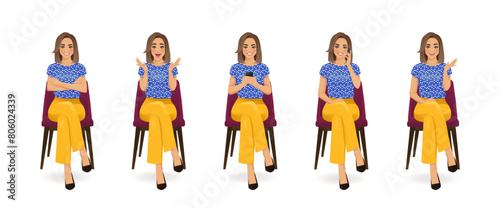 Beautiful business woman wearing bright clothes sitting in the chair different gestures set isolated vector illustration