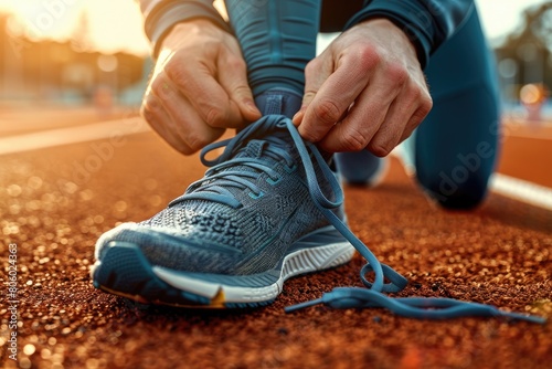 Sneaker laces being tied by a runner getting ready to sprint. Generative Ai