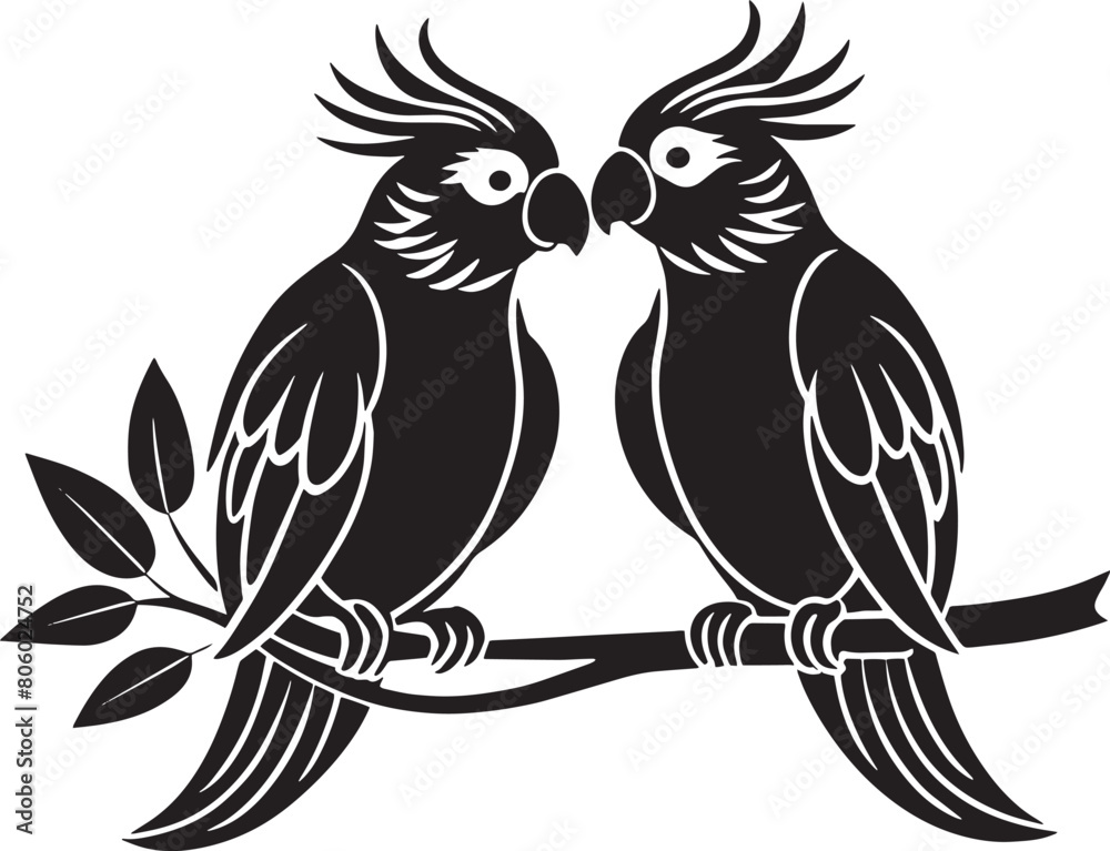 Two parrots sitting on a branch, black and white vector illustration Two parrots sitting on a branch, black and white vector illustration