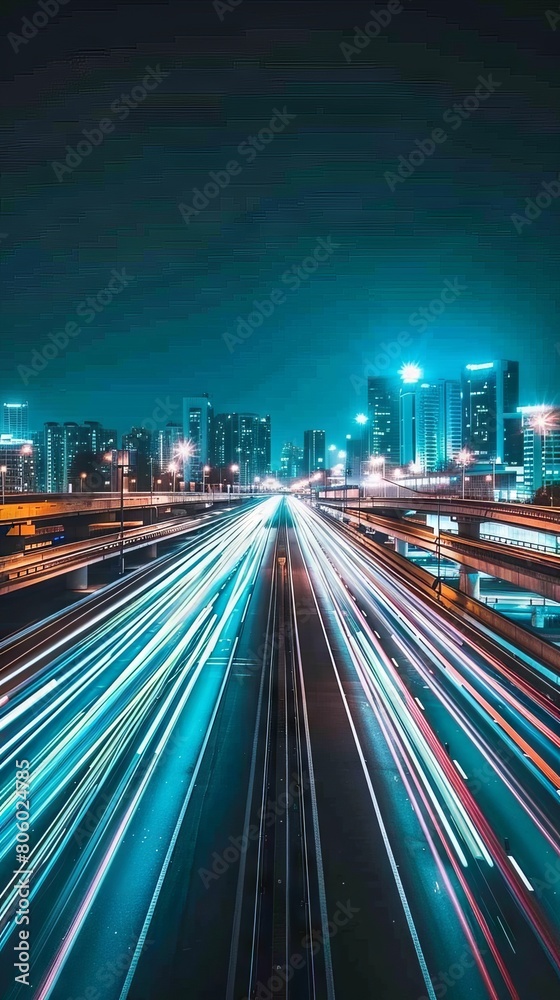 Obraz premium Nighttime long exposure of a road. A vibrant long exposure shot capturing the dynamic lights of cars traversing a road at night, reflecting the urban pulse