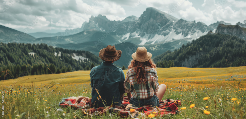 Fototapeta premium A couple is sitting on a blanket in a field with mountains in the background