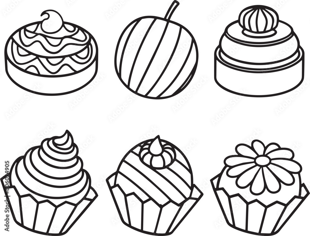 Cupcake vector set. Black and white illustration for coloring book.