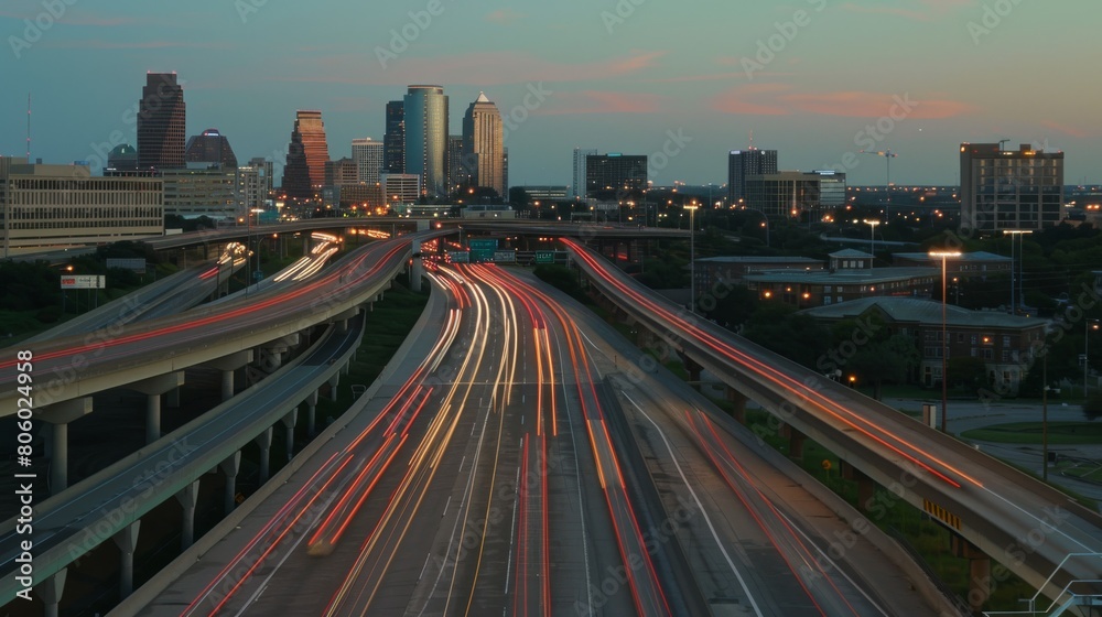 Fototapeta premium Nighttime long exposure of a road. A vibrant long exposure shot capturing the dynamic lights of cars traversing a road at night, reflecting the urban pulse