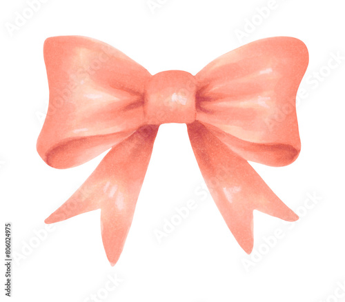 The bow is light pink. Illustration with watercolor and marker. Hand drawn isolated art. Peach satin or silk ribbon for bouquets for weddings, birthdays, Christmas and New Year. Knot for a gift