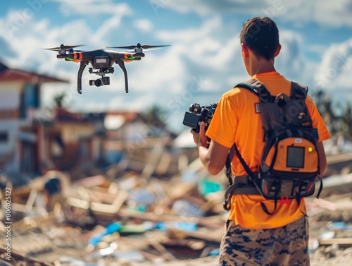 Disaster Response Team Operating Drone in Devastated Area
A disaster response team member operates a drone over a heavily damaged area, using advanced technology to assess and document the destruction