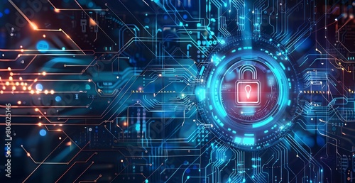 A digital illustration of an abstract tech background with circuit patterns and symbols, featuring a security padlock icon in the center surrounded by blue light effects photo
