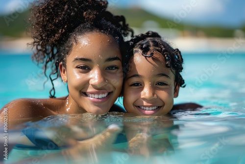 Black African American mother and daughter in the water, grinning and joyful. Generative Ai