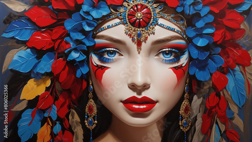 a Native American woman with red, white, and blue face paint  photo