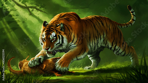 A striking illustration of a powerful and majestic tiger in the wild, hunting its prey