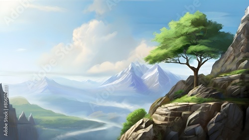  A serene mountain vista with a green tree clinging to the rocky terrain, defying the odds photo