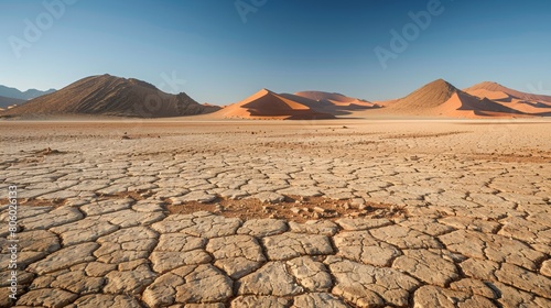 Vast Arid Desert Landscape with Cracked Soil and Sand Dunes at Sunrise 