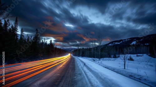 Nighttime long exposure of a road. A vibrant long exposure shot capturing the dynamic lights of cars traversing a road at night, reflecting the urban pulse © MiniMaxi