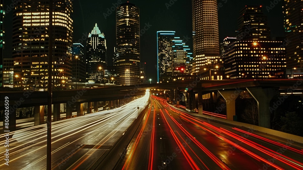 Obraz premium Nighttime long exposure of a road. A vibrant long exposure shot capturing the dynamic lights of cars traversing a road at night, reflecting the urban pulse