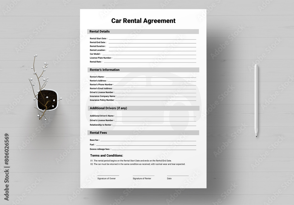 Car Rental Agreement Template Stock Template | Adobe Stock
